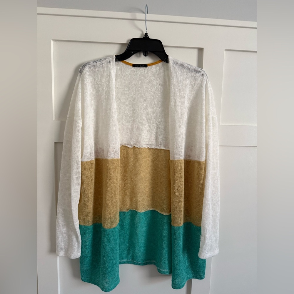 Colorblock Open-Front Sweater - White, Gold, and Green
